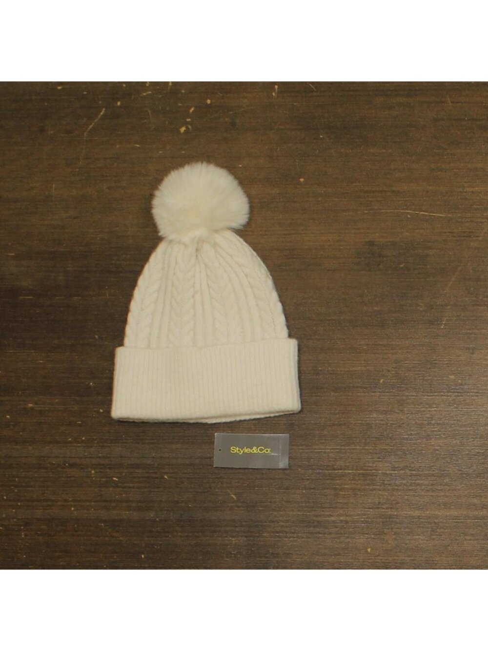 NWT Style & Co. Solid Cable Knit Beanie with Pom SC1542501 Ivory Off White
